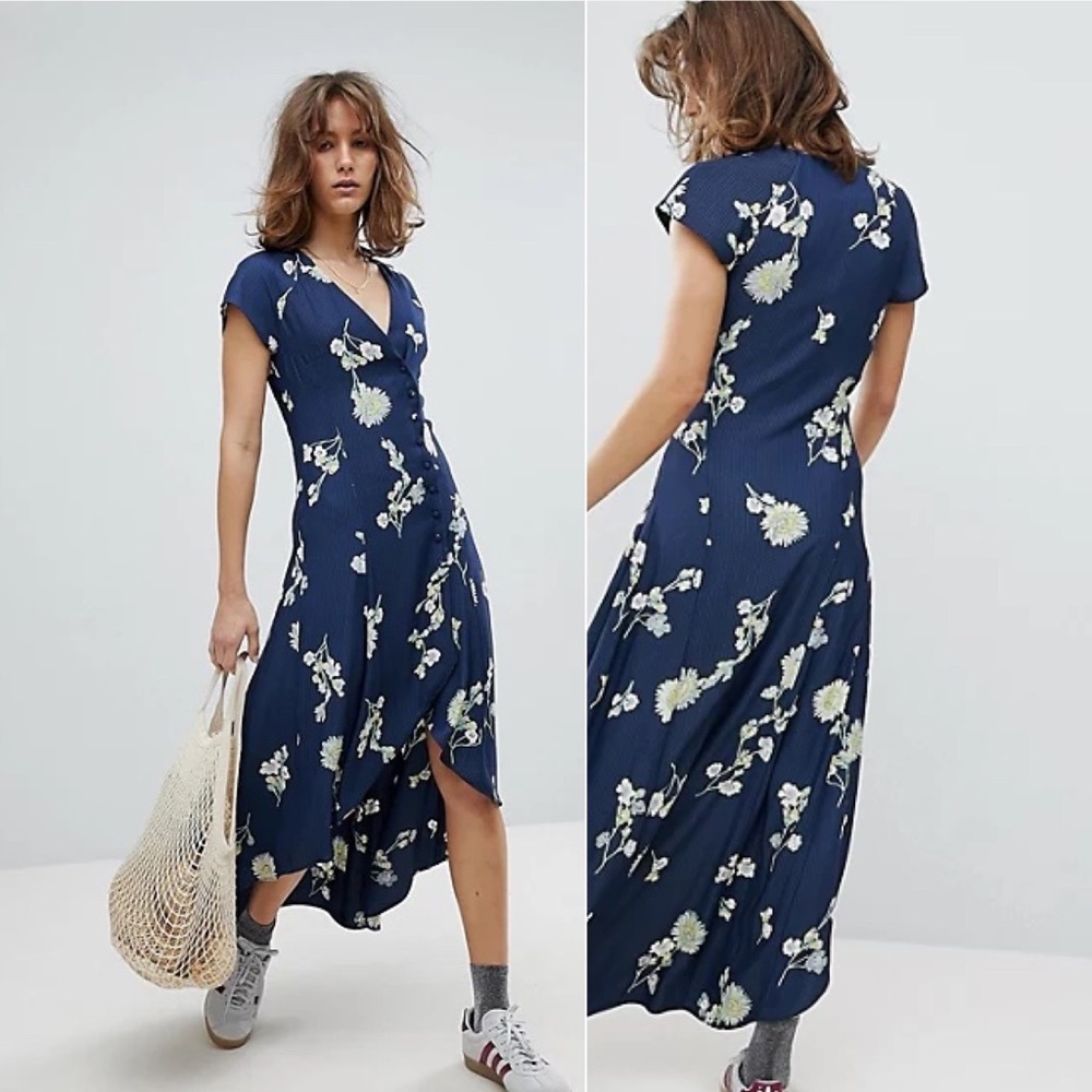 Free People Blue Floral Asymmetrical Button  Front Midi Dress Size XS